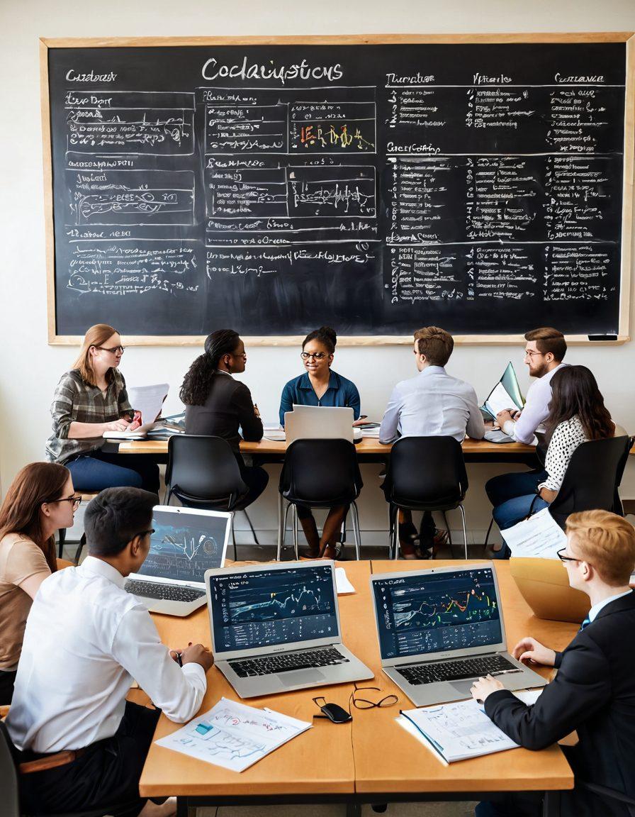 An academic setting featuring a diverse group of graduate students exploring research opportunities, surrounded by charts, funding applications, and laptops. In the background, a large chalkboard filled with equations and ideas, symbolizing the pursuit of knowledge. Illustrate a sense of collaboration and ambition with warm tones representing hope and growth. super-realistic. vibrant colors. white background.