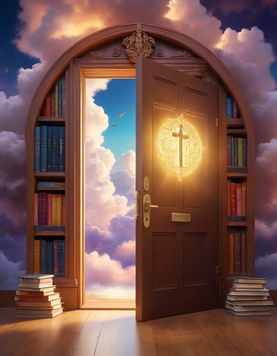 A majestic key unlocking a glowing door filled with books and academic symbols, surrounded by vibrant pathways leading to different PhD programs and financial opportunities. The scene is infused with light, showcasing diverse individuals discussing and sharing ideas, symbolizing collaboration and discovery. Include a soft-focus background with dreamy clouds and bright colors that evoke inspiration and ambition. super-realistic. vibrant colors. 3D.