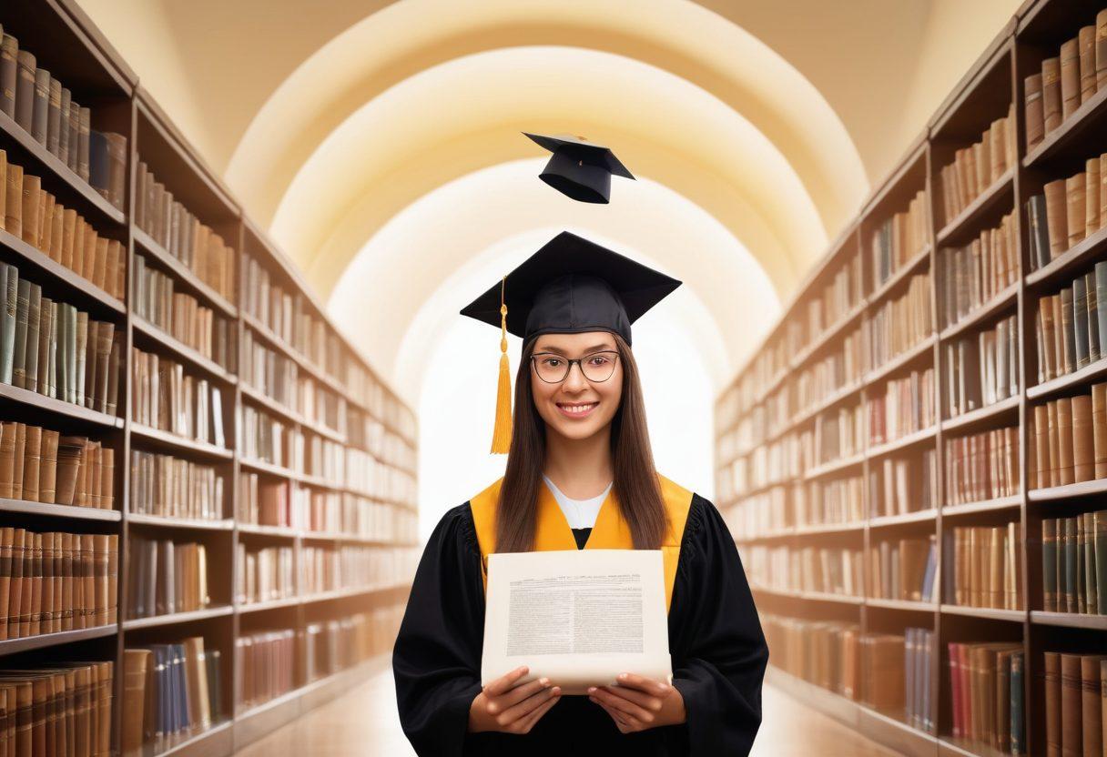 A hopeful PhD candidate standing in a library surrounded by stacks of books, with a glowing graduation cap above their head representing grants and fellowships. In one hand, they hold a document titled 'Financial Aid', while a pathway of golden coins leads to a bright university campus in the background. The atmosphere is filled with a sense of achievement and opportunity, evoking ambition and success. super-realistic. vibrant colors. white background.